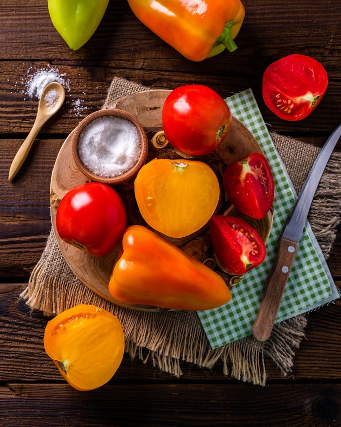 Colorful tomatoes and peppers on a rustic wooden table with salt and knife.